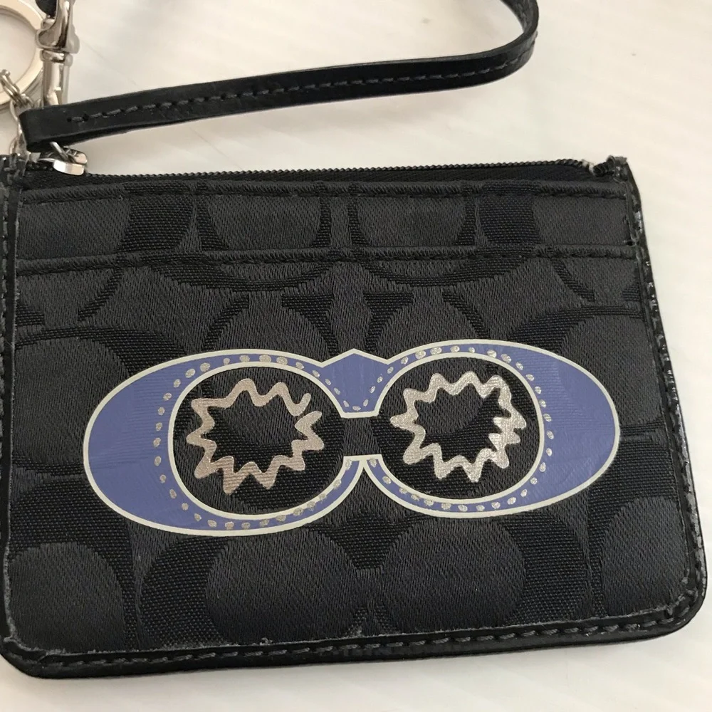 COACH Signature Black Skinny Wristlet ID Card Holder Key Chain